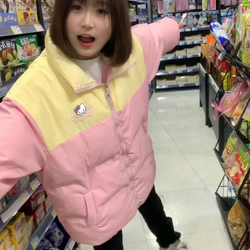 Sanrio Hello Kitty милое хлопковое пальто с цветными блоками женская зимняя модная