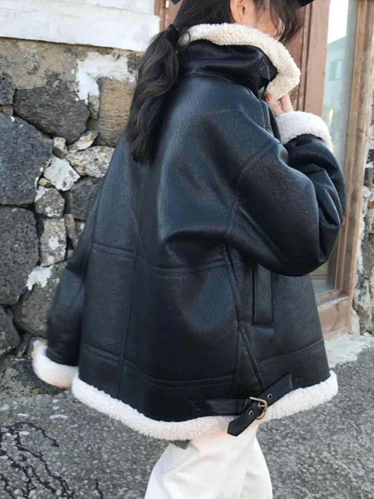 Minigmxi Faux Fur Coat Fall Winter Jacket for Women 2022 Loose Warm Lambswool Thicken Locomotive Lapel Female Coat PU Outerwear