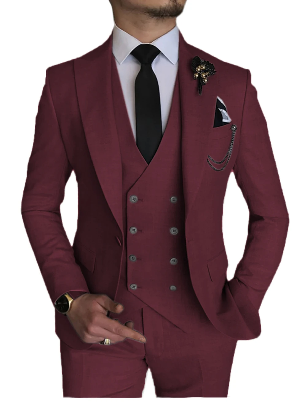 Men 3 Pieces Suits Slim Fit Casual Business Burgundy Lapel Khaki Formal Tuxedos for Wedding Groomsmen (Blazer+Pants+Vest)