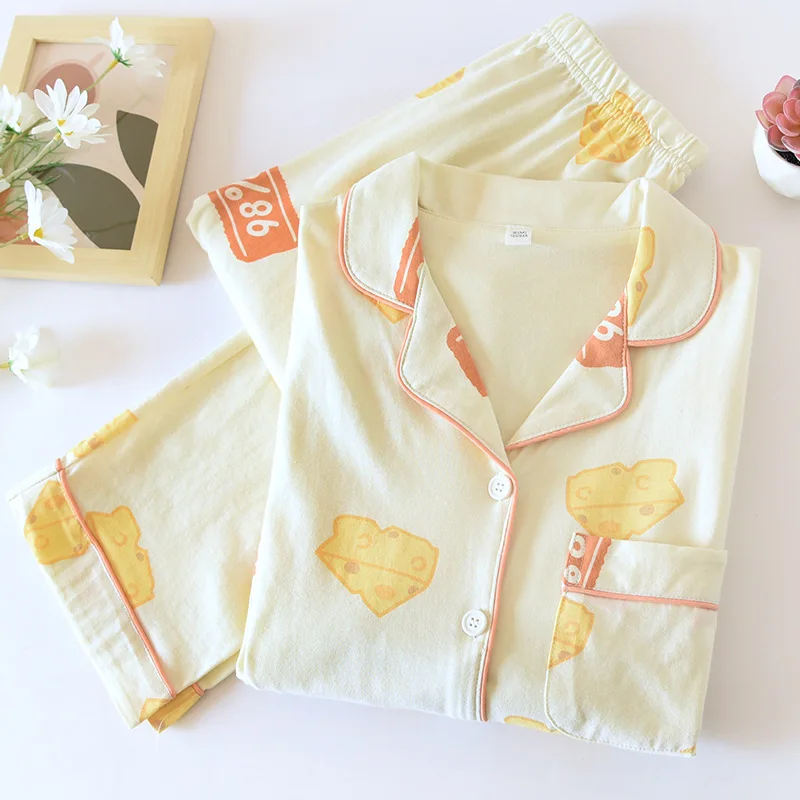New Cute Women Girls Pure Cotton Pajamas Set Turn Down Collar Cartoon Lovely Spring Sleepwear Set Pajama For Female