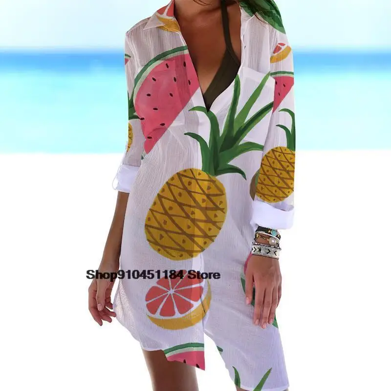 

Women Bohemian Fruits 3D Printed Shirt Dress Loose Button-down Holiday Swimsuit Sexy Mujer Vestidos Long Sleeve Sunscreen Shirt