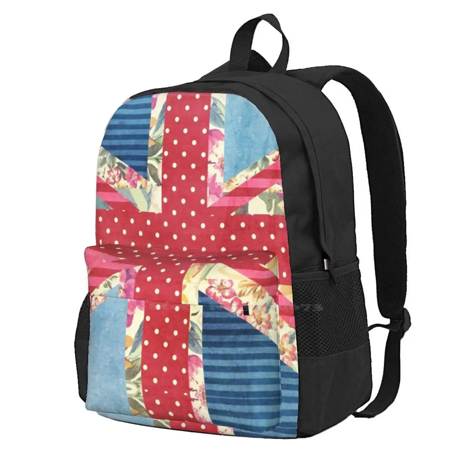 

Shabby Chic Flag Bag Backpack For Men Women Girls Teenage British Flag Flag Jack Polka Dots Floral Flowers Stripes Pattern Blue