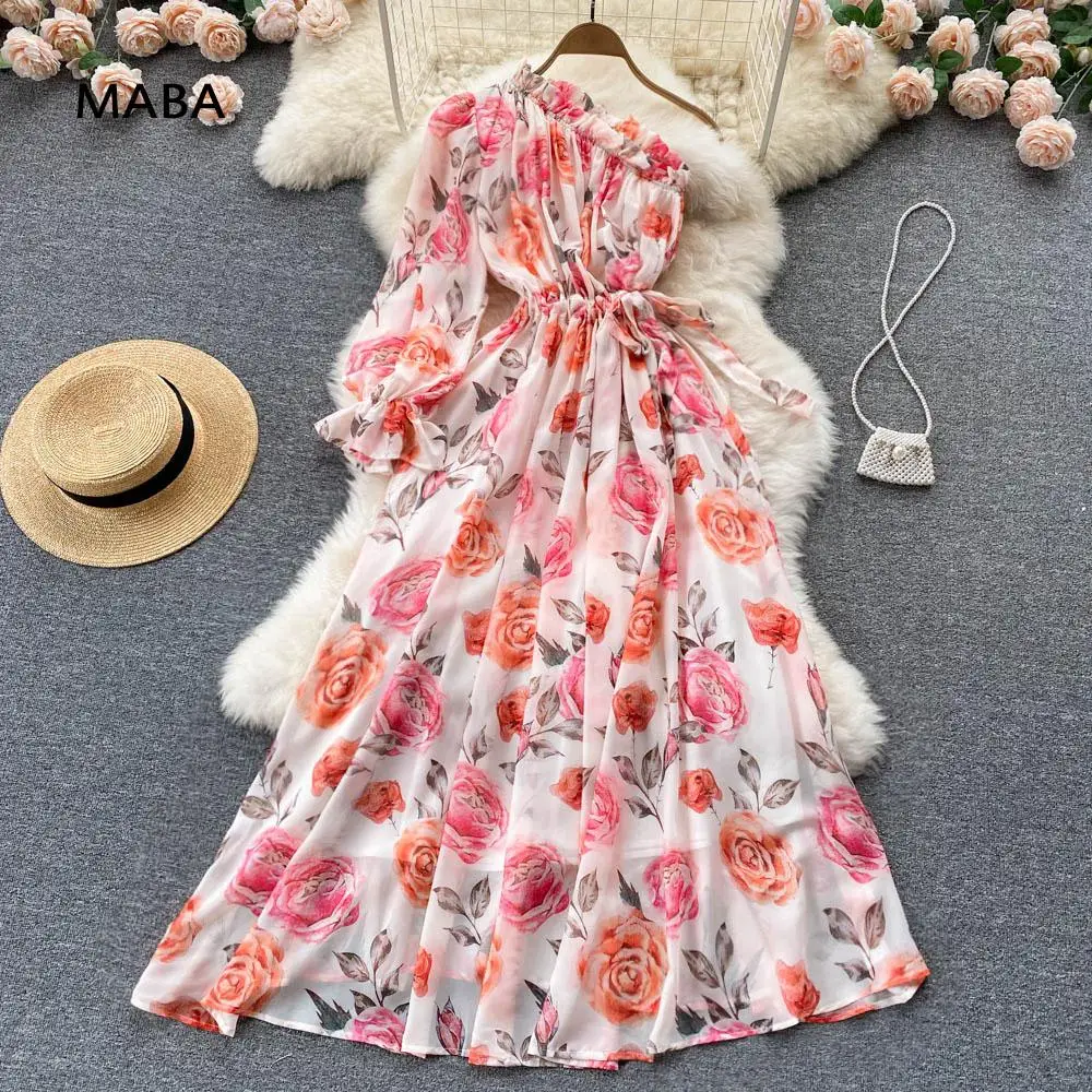

Elegant Women One Shoulder Long Dress Spring Summer Diagonal Collar Off Shoulder High Waist Retro Floral Beach Boho Maxi Dress