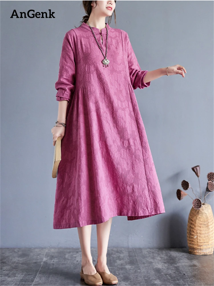 

2022 New Spring Autumn Long Sleeve Vintage Stand Collar Solid Dresses For Women Cotton Casual Dress Femme Robe Elegant Clothing