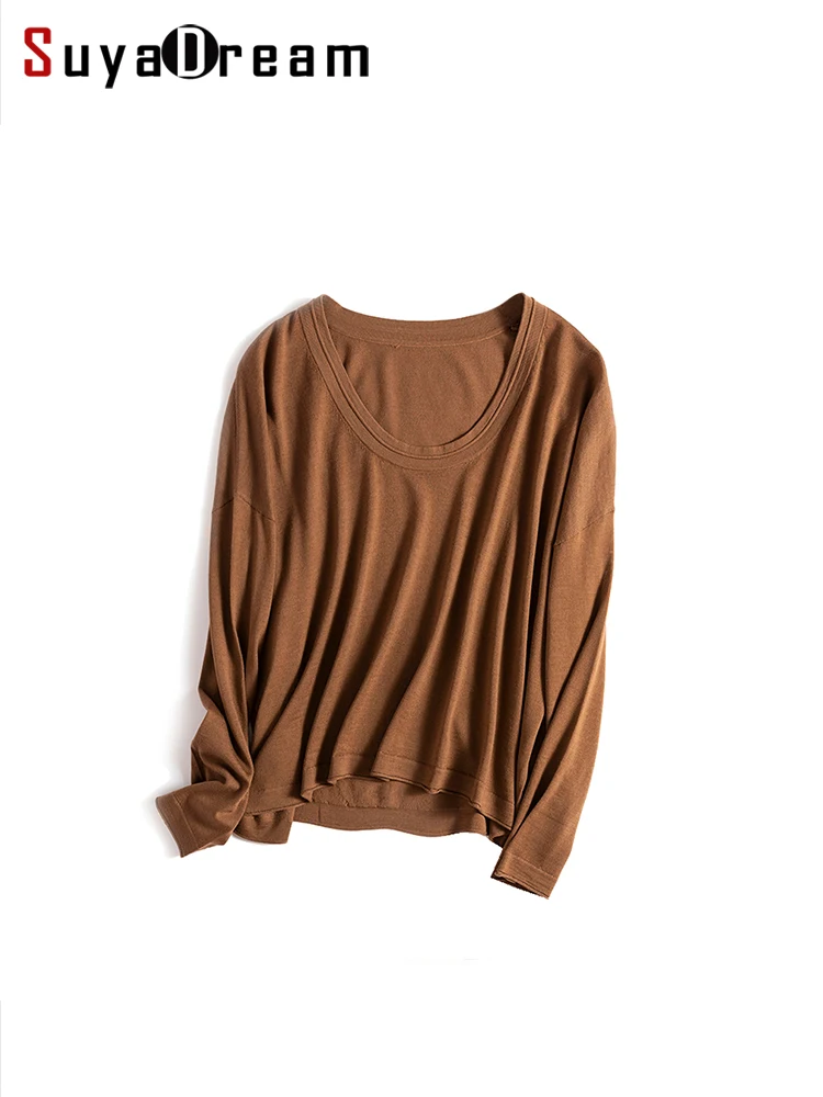 

SuyaDream Women 100% Wool, Fine Yarn, U Neck, Loose Pullovers 2023 Fall Winter Soft Comfortable Sweaters, Khaki, Black