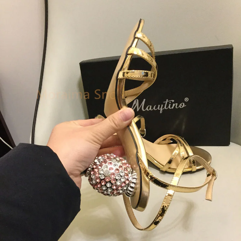 2023 Summer New The One Word Buckle High Heels Crystal Inlaid Cylindrical Rhinestone Heel Sandals Women Princess Shoes Ladies