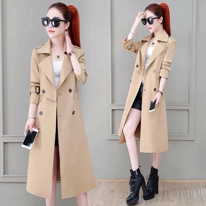 

Women Double Breasted Suit Collar Mid-Length Style Windbreaker 2022 Spring Autumn Korean Loose Trench Coat Female Solid Outwear