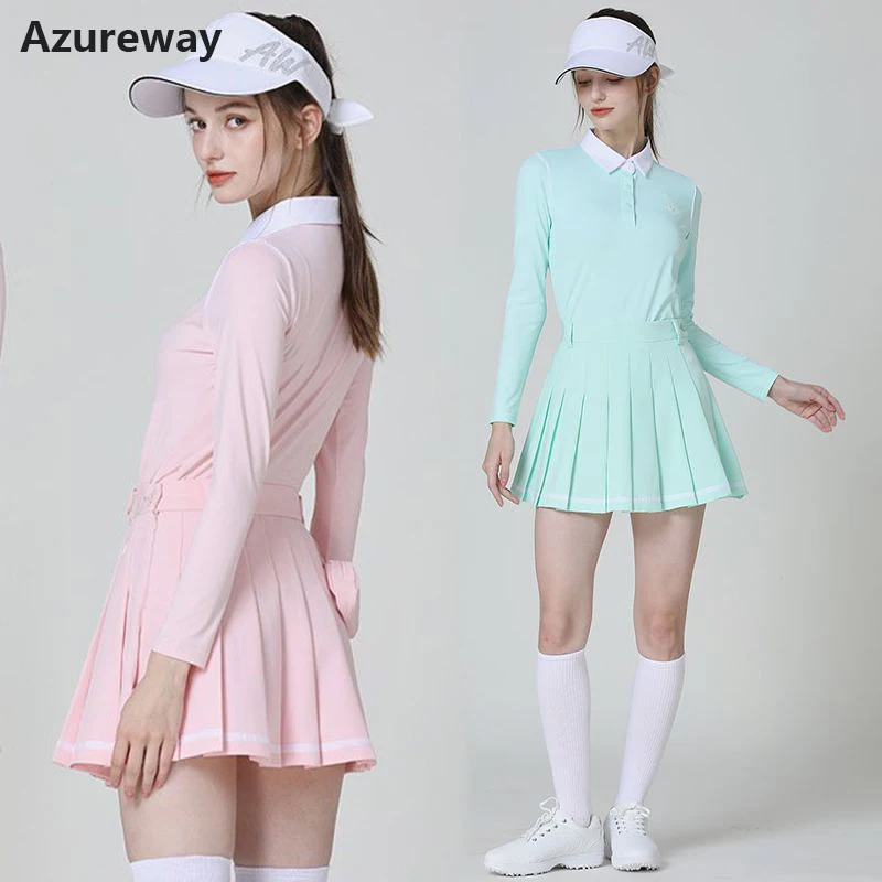 

Azureway Autumn Ladies Golf Long-sleeve Shirt Women Elastic Lapel Tops High Waist Golf Pleated Skirt Anti-empty Sports Skort Set