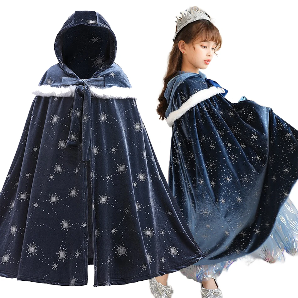 

Girl Cloak Navy Blue Elsa Princess Shawl Solid Color Winter Sheltered Warm Wraps Halloween Christmas Opera Cape Girl Clothes