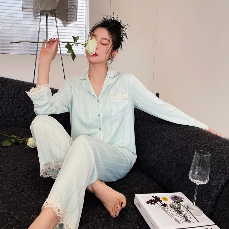 Ice silk new pajamas women's fresh and simple lace striped two-piece pajamas for women