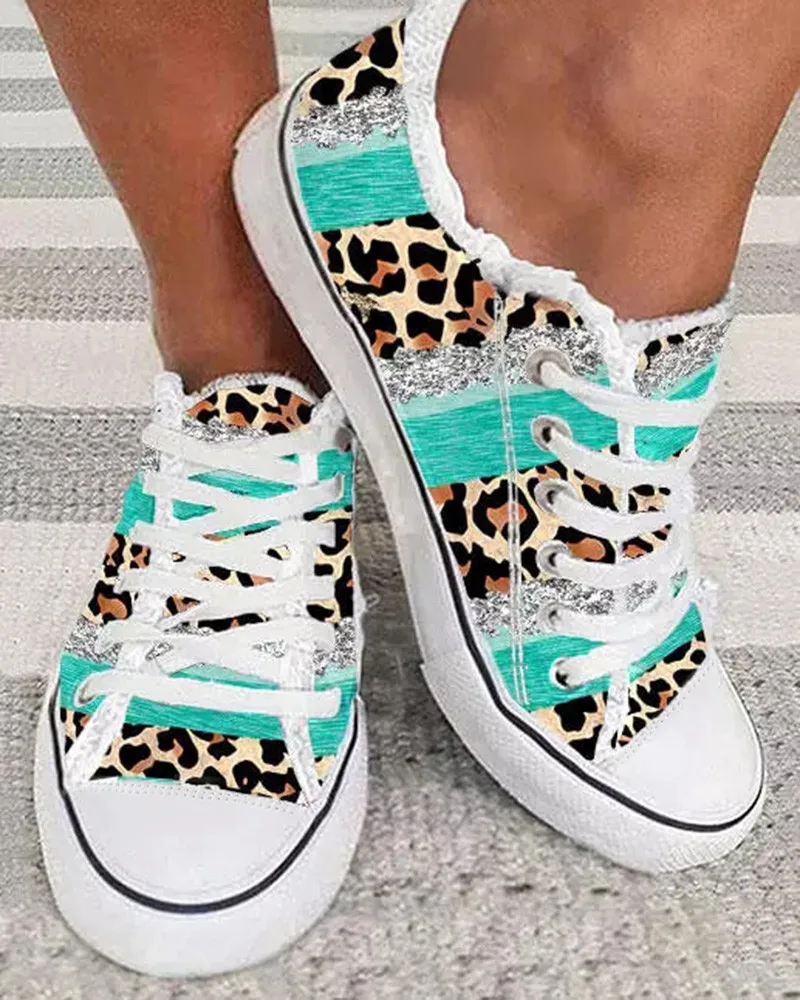 

Sneakers Women Contrast Leopard Print Frayed Canvas Shoes for Women Print Canva Female Flat Sneakers Casual Shoes Loafers