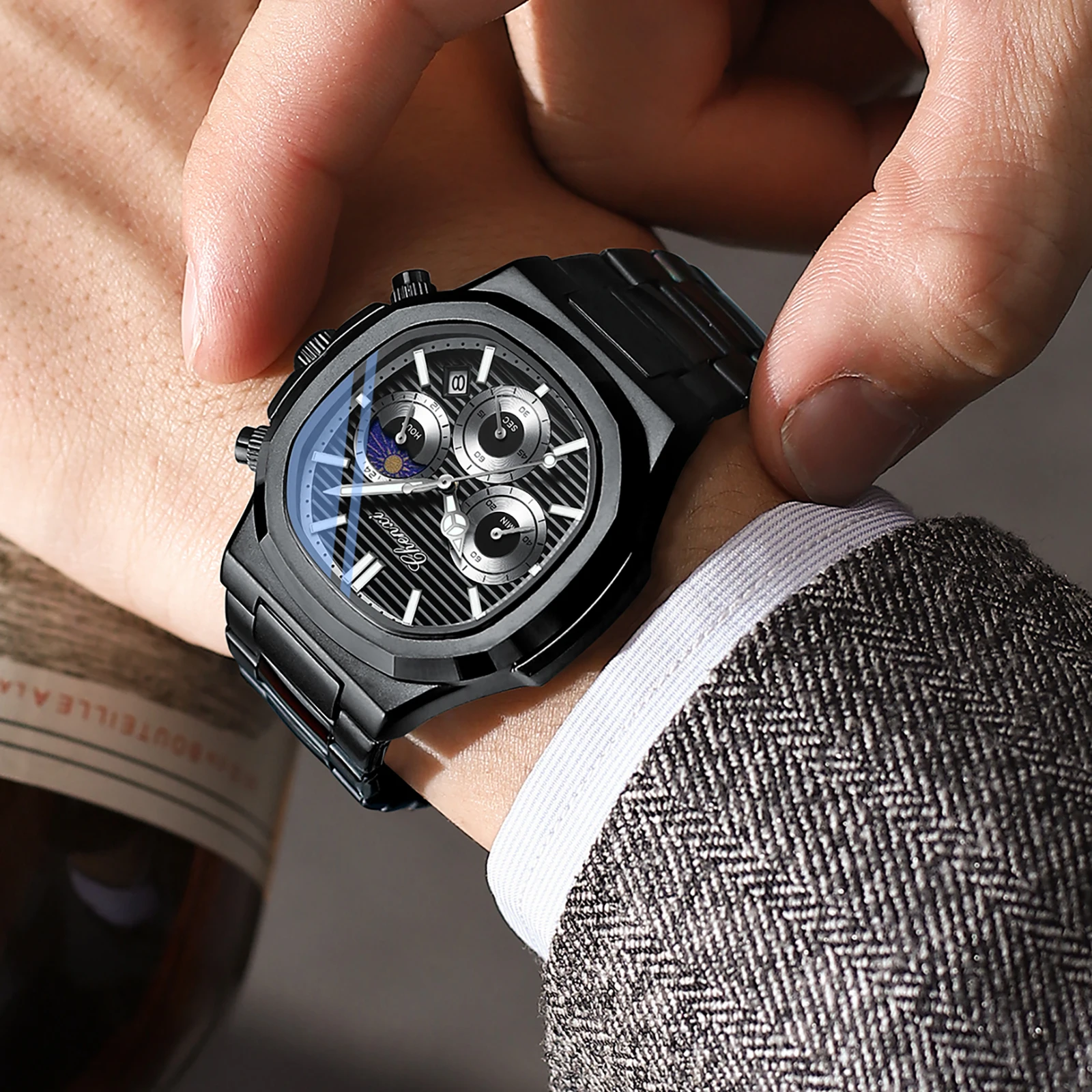 Фото Мужские часы из нержавеющей стали, водонепроницаемые часы с календарем, спортивный хронограф, светящиеся мужские кварцевые наручные часы №3