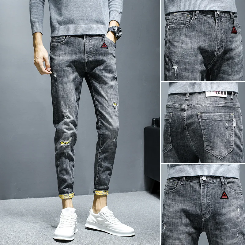 Men Jeans Korean Style Jeans Summer Solid Color Slim Fit Denim Ankle-Length Pants Men Mid Waist Button Ripped Denim Pencil Pants