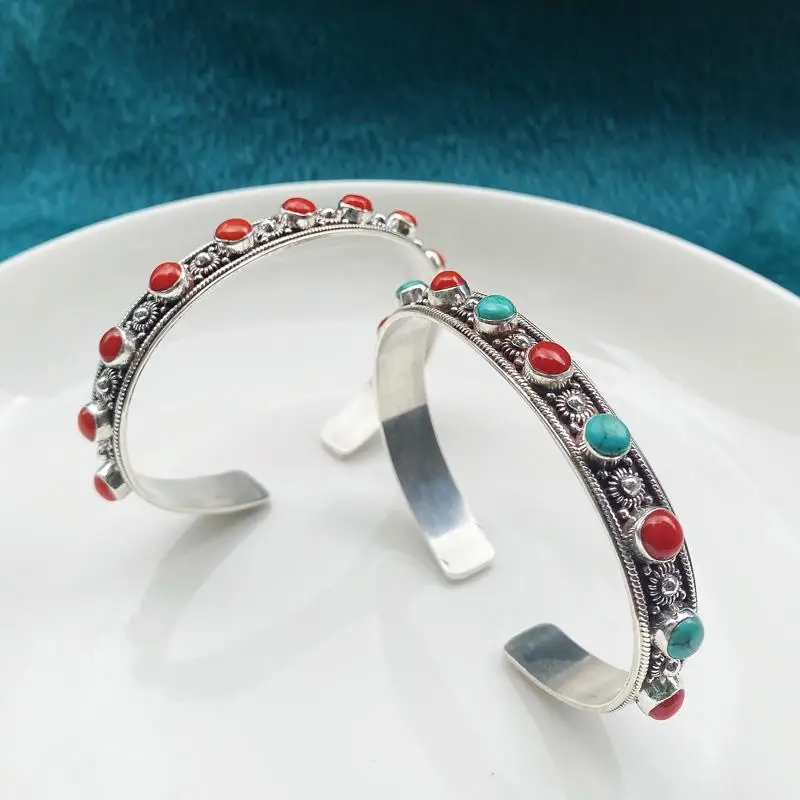 

New Handmade Retro Jewelry Silver Green Stone Bracelet Open Bracelet Retro Creative Personality Tibetan Ethnic Style