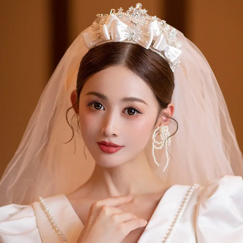 Корейский свадебный головной убор с бантом для невесты роскошный темпераментный