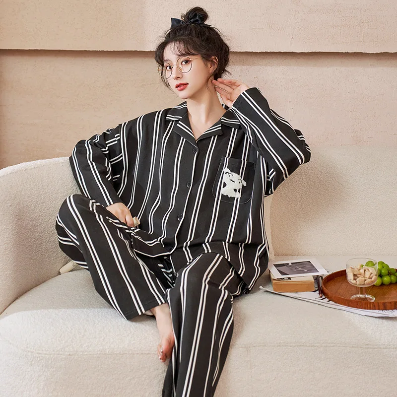 Pijama Mujer Loungewear Women Pajamas Sleepwear 2022 Autumn Winter Black White Stripe Simple High Quality Comfort Casual Vintage