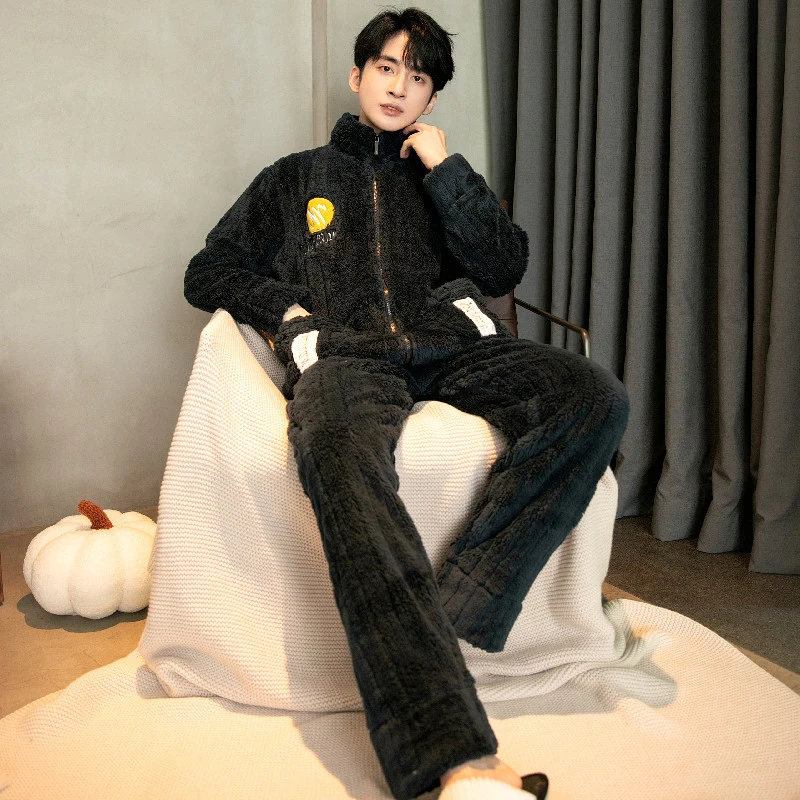 QUHENG Men Winter Pyjamas Suit Long Sleeve Autumn Thick Warm Flannel Pajama Sets for  Coral Velvet Cute Sleepwear Homewear