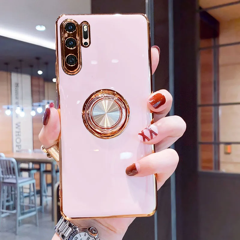 luxury plating silicone case for huawei p30 pro p20 mate 20 p40 honor 20 30 pro nova 5t phone soft magnet cover with ring holder free global shipping