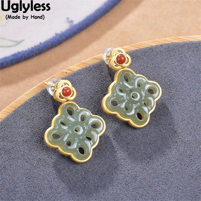 

Uglyless Hollow Clover Jewelry Sets for Women Carved Chinese Knot Natural Jade Earrings Pendants Necklaces NO Chain 925 Silver