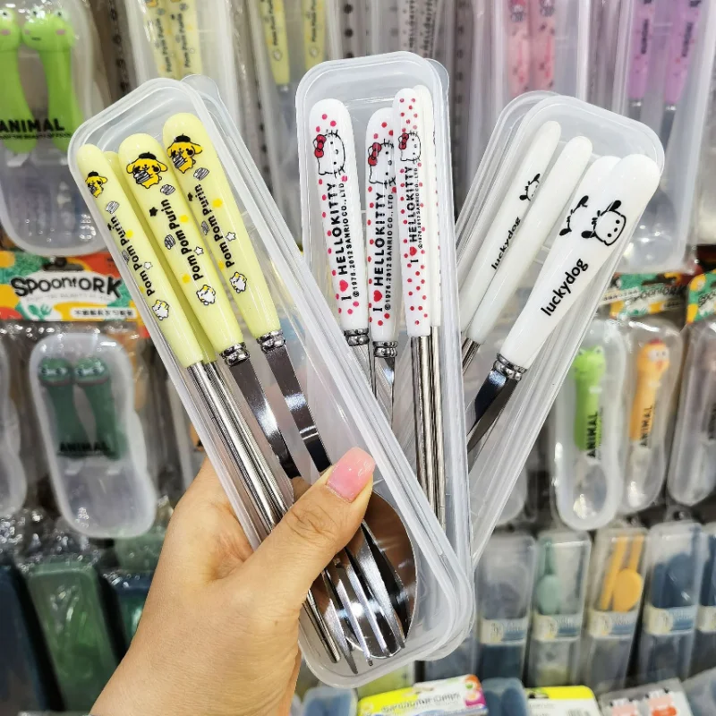 

Sanrio Hello Kitty Stainless Steel Tableware 2/3PCS Cute Cartoon Kuromi Portable Fork Spoon Chopstick Children's Tableware Box