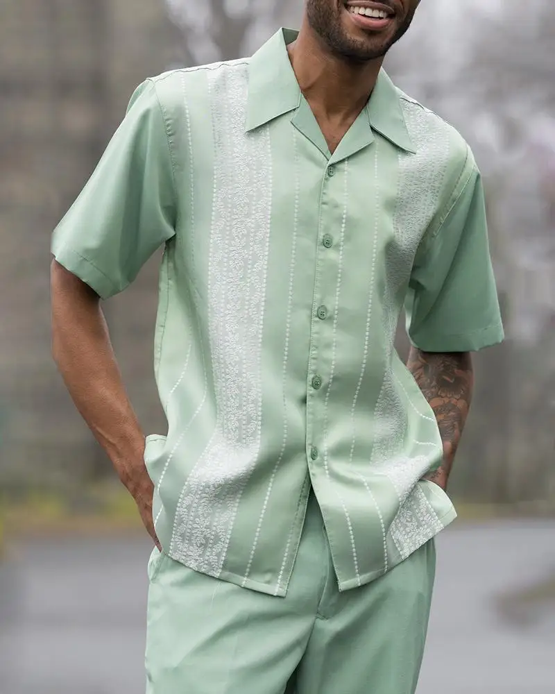 2023 new spring men's casual short-sleeved shirt + long pants fashion brand 3D stripe pattern cardigan S-4XL men's clothing