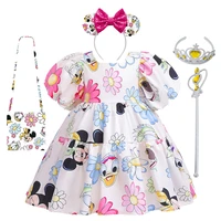 disney baby girl summer puff sleeve clothes cute kids mickey mouse cartoon print princess dress child donald duck floral costume