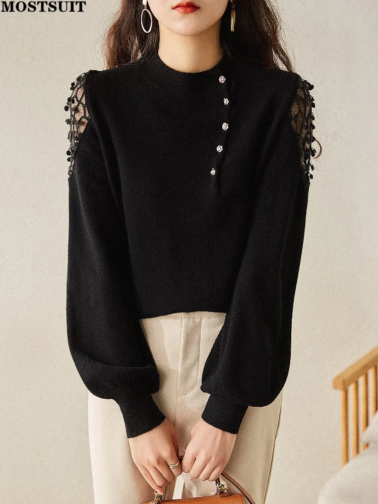 

2022 Autumn Elegant Vintage Women Sweater Pullover Lace Hollow Sleeve Round Neck Ladies Knitwear Tops Korean Fashion Tops Femme