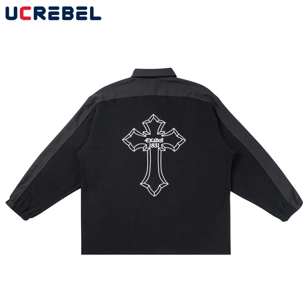 

Cross Embroidery Long Sleeve Polo Shirt Mens Autumn Waffle Back Printed Lapel Top Streetwear Casual Color Block Cotton Tee Men