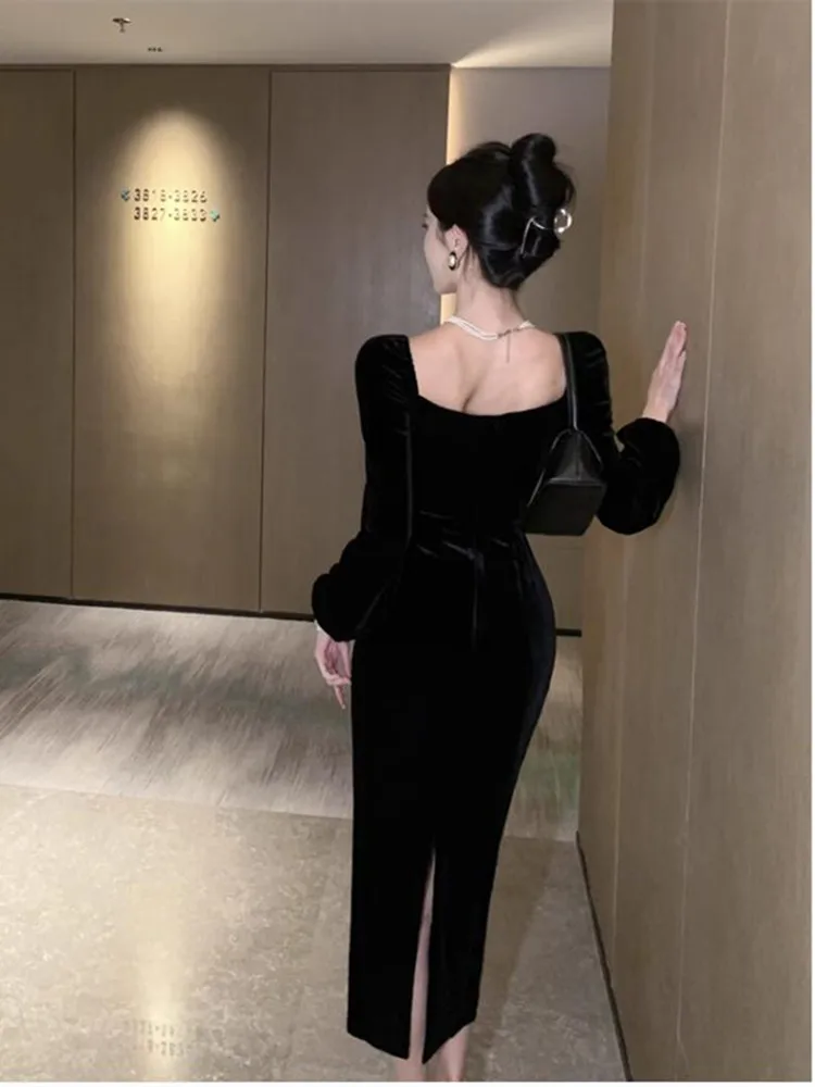 Черное бархатное платье с длинными рукавами в стиле ретро Hepburn Sle женское