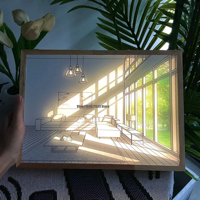 

3 Models Led Light Painting INS Table Lamp Japan Anime Style Night Light Simulate Sunlight Painting Wooden Photo Night Luminous