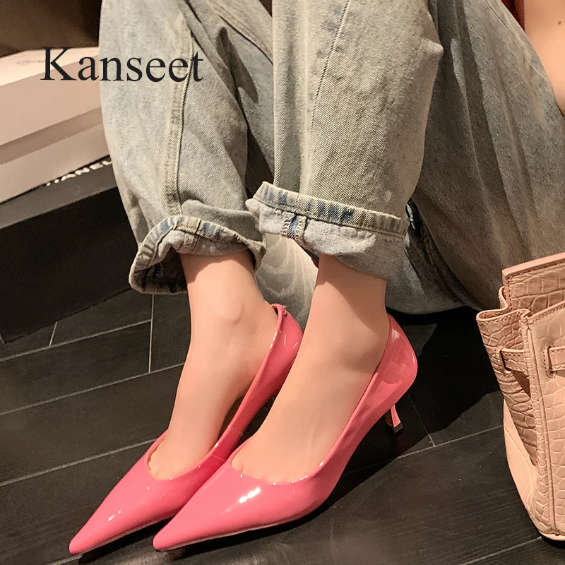 

Kanseet Elegant Pointed Toe Woman Shoes Fashion New Cow Patent Leather 5.5cm High Heel Lady Party Dress Women Pumps Plus Size 40