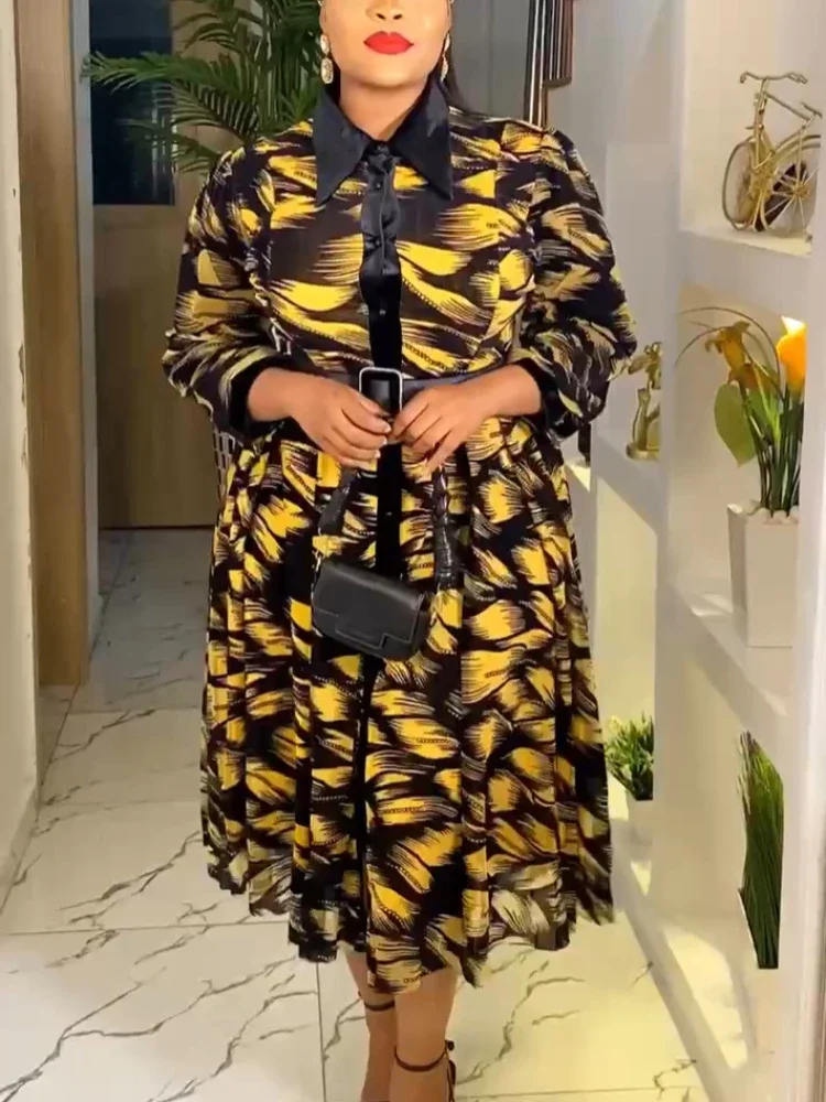 Шикарное женское офисное платье с принтом шифоновая элегантная одежда средней