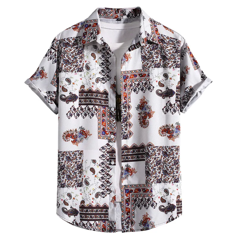 

Mens White Court Paisley Floral Print Beach Shirts Casual Short Sleeve Button Up Hawaiian Shirt Men Club Rock Party Clothing XXL
