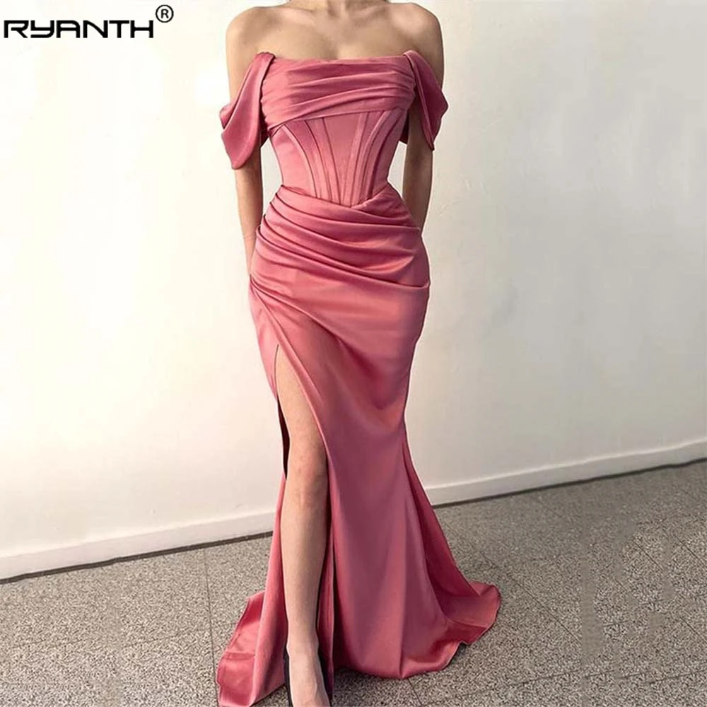 

Ryanth Pink Sexy Off the Shoulder Satin Mermaid Evening Dress Elegant Pleated Split Backless Party Prom Gown Robes De Soirée