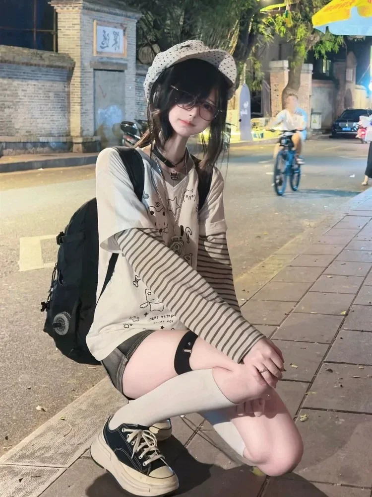 Новые Y2k белые Kawaii Juminocore женские поддельные футболки из двух предметов милые полосатые футболки с длинными рукавами в японском стиле свободные эстетические (art.: 3920d46020b4f) - 3920d46020b4f