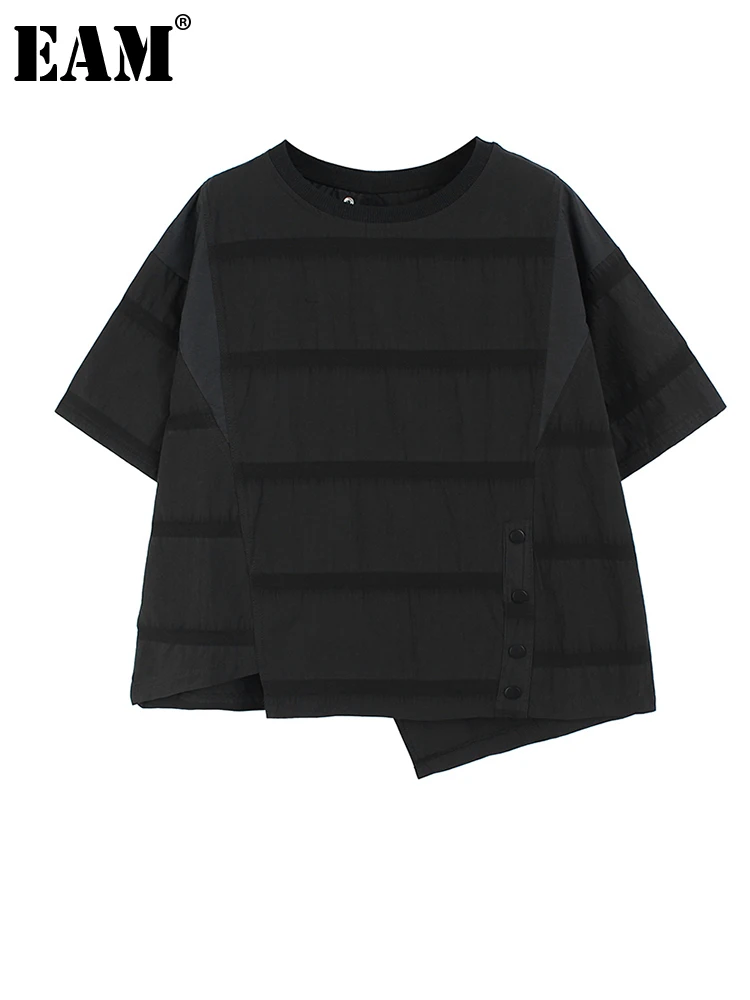 

[EAM] Женская Черная полосатая Повседневная футболка большого размера, новая модная футболка с круглым вырезом и коротким рукавом, весна-лето...