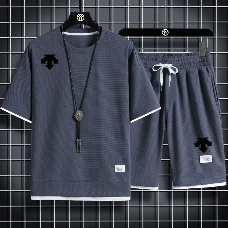 2023 Summer DESCENT Men's Two Piece Set Linen Fabric Casual T-Shirt + Shorts Set Mens Sports Suit Fashion Short Sleeve Tracksuit