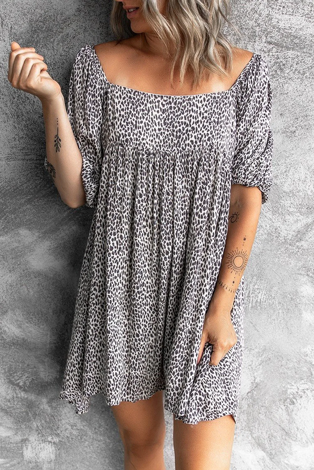 

Bateau Neck Backless Leopard Babydoll Dress for Women