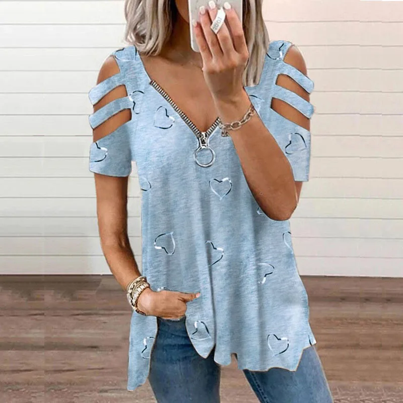 

Summer Women's Oversized T-shirt 2023 Fashion Heart Print Sexy Open Shoulder Short Sleeve Tops Female Plus Size Women Clothing