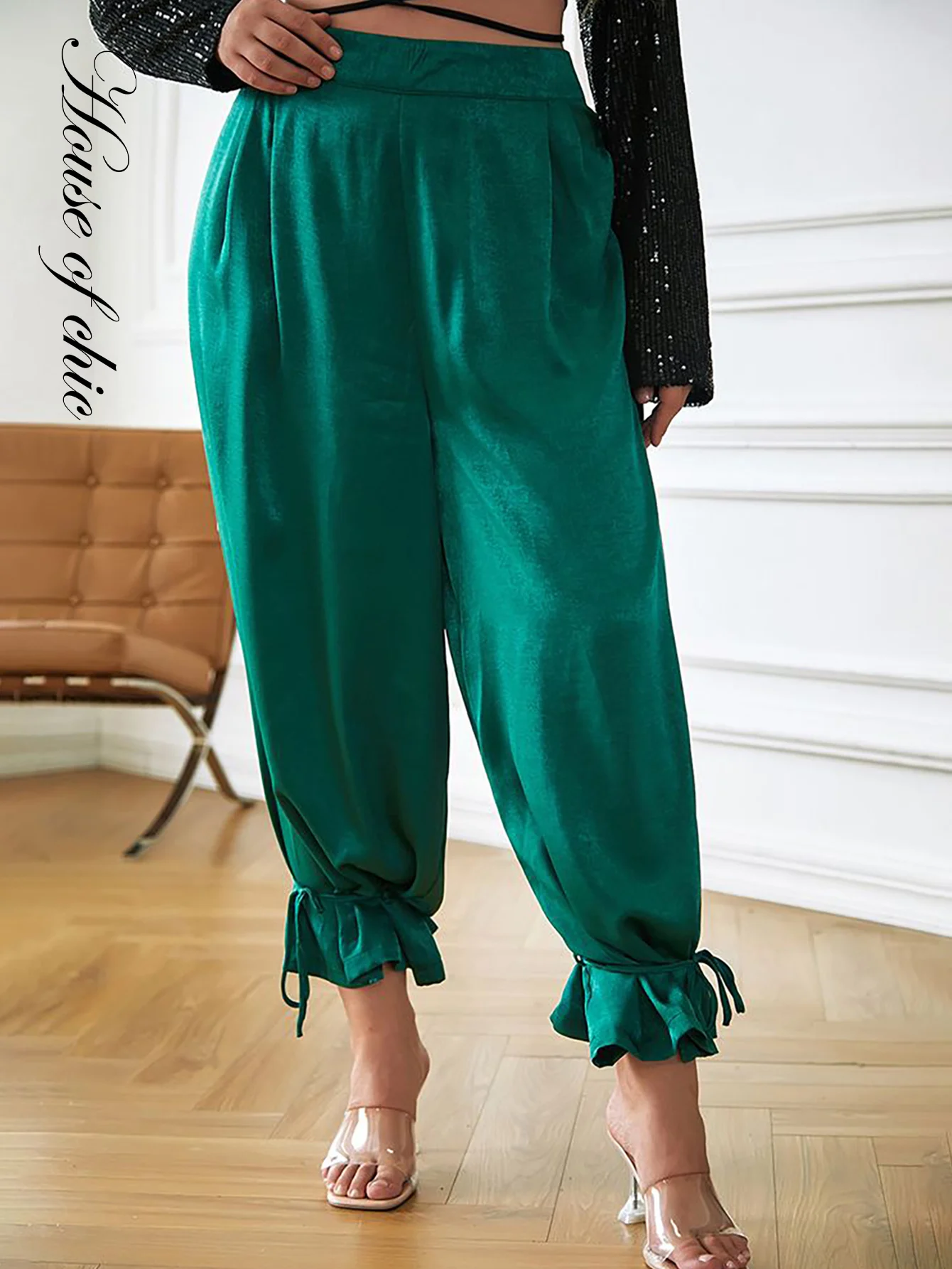 

HOUSE OF CHIC Зеленые свободные брюки с поясом и средней посадкой, модель LM83470PLUS