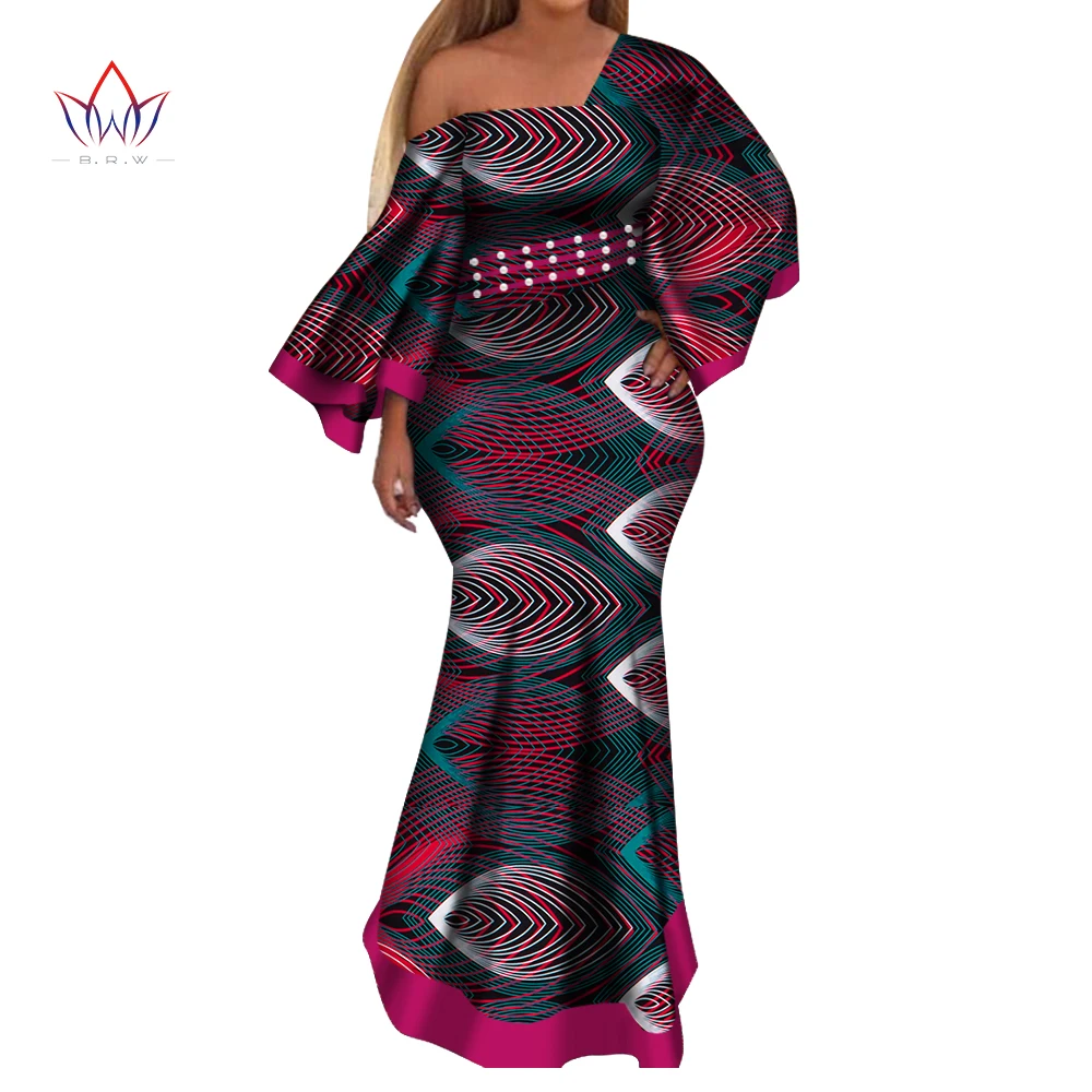 New African Dresses for Women Bazin Riche Style Femme African Clothes Graceful Lady Print Wax Plus Size Party Dress WY4044