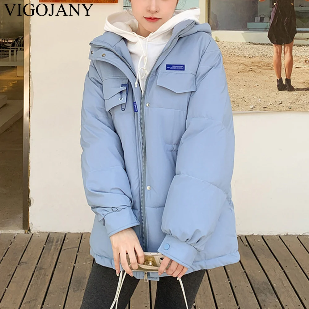 

Женская Стеганая куртка Vigojany, зимние теплые парки с капюшоном 2022, белые пальто с длинным рукавом, Женская Корейская синяя пуховая верхняя од...