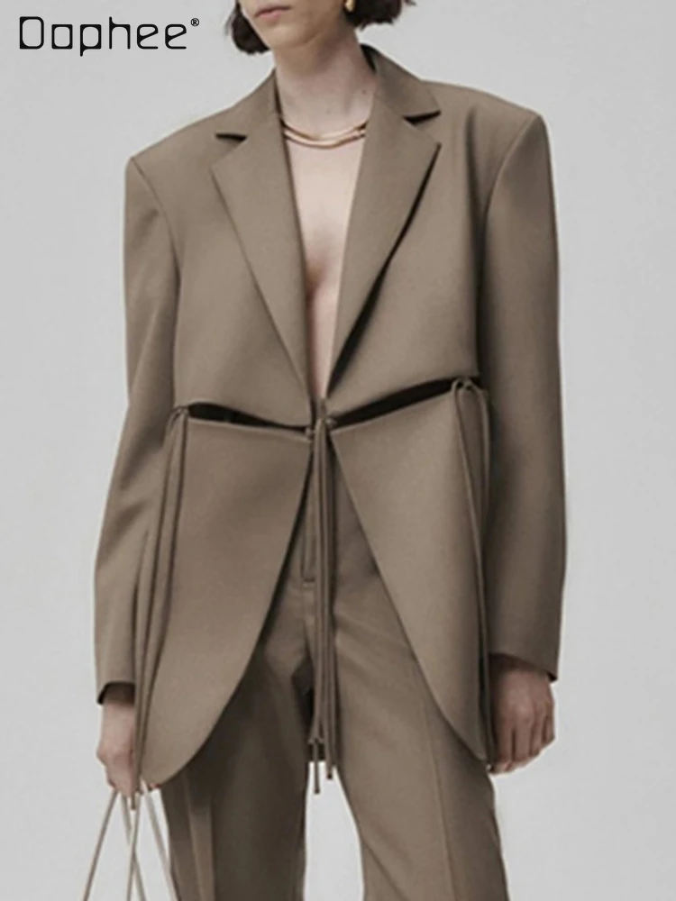 

Temperament Ladies Khaki Blazer 2022 Autumn New Loose Women's Fashion Tailored Collar Long Sleeve Hollow Out Strap Suit Coats
