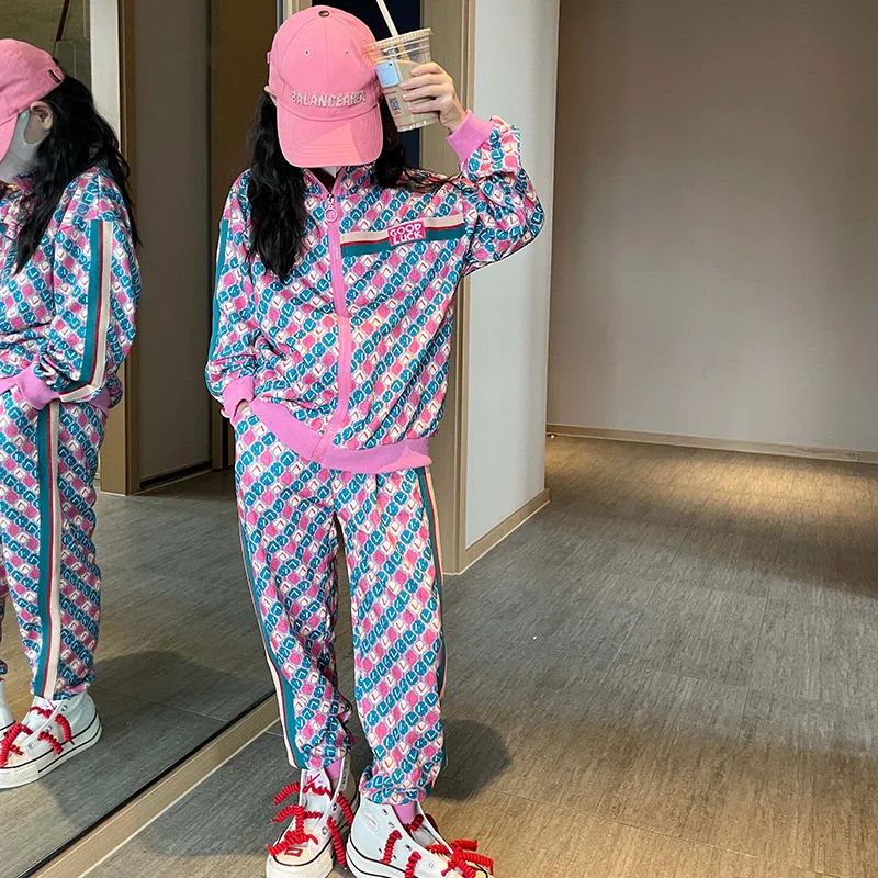 

10 12 years Girls Print Clothes Set Zipper Coat Stripped Pants 2 pieces Suits Fashion Designer Teenage Girl Clothing