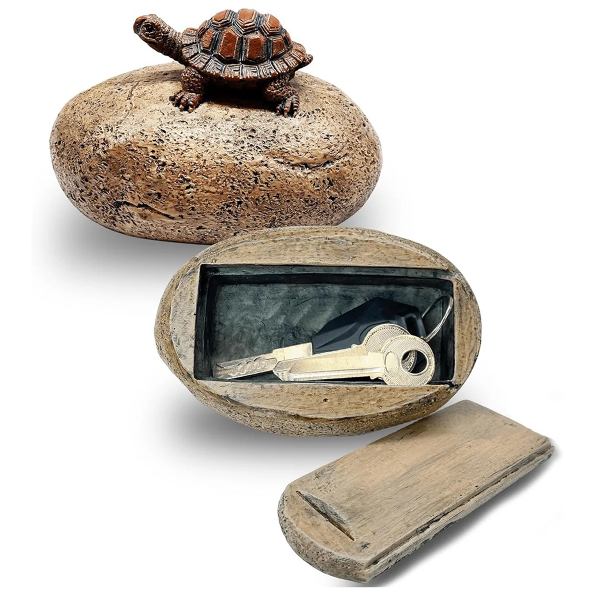 Фото YYg-oFake Rock Hidden Key Box для снаружи — безопасный запасной ключ из смолы для сада или двора (камень и черепаха) №3