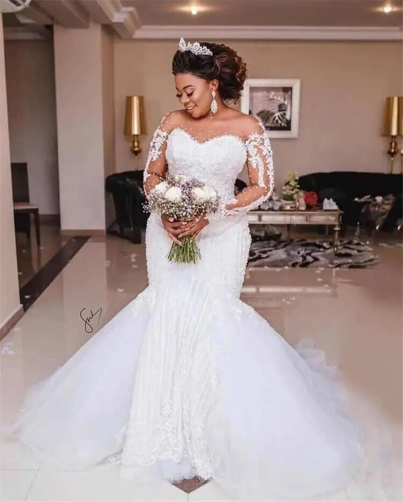 

Illusive Mermaid African Wedding Dress High-end Handwork Beading Full Sleeve Lace Bridal Gown 2023