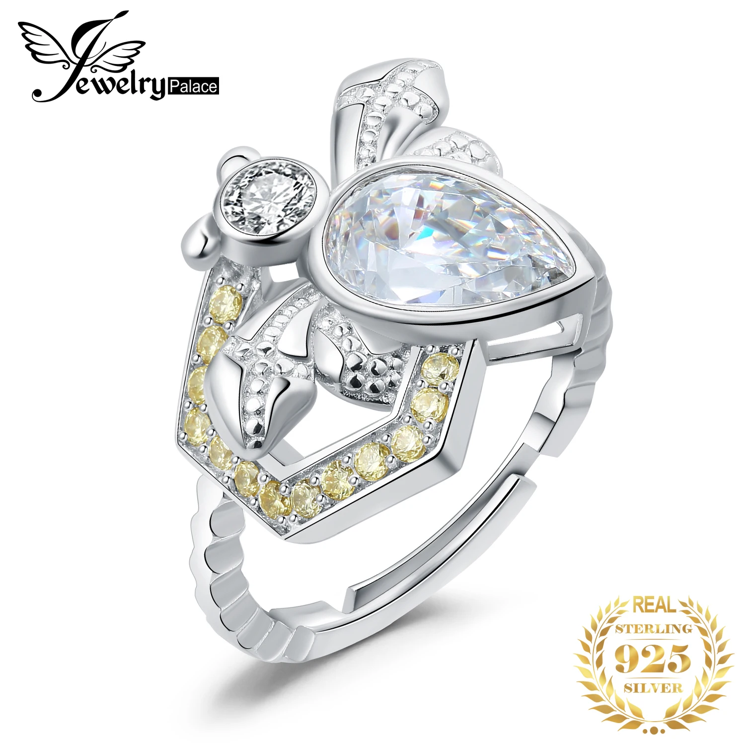 

JewelryPalace New Arrival Honey Bee 2.6ct Pear Cut Gemstone 925 Sterling Silver Cocktail Open Adjustable Ring for Woman Girl