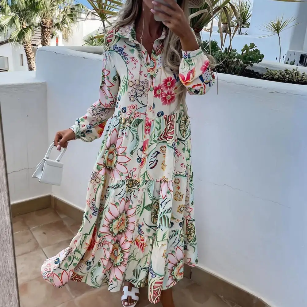 

Chic Vacation Dress Soft Flower Print Summer Maxi Dress Loose Hem Lapel Women Dress