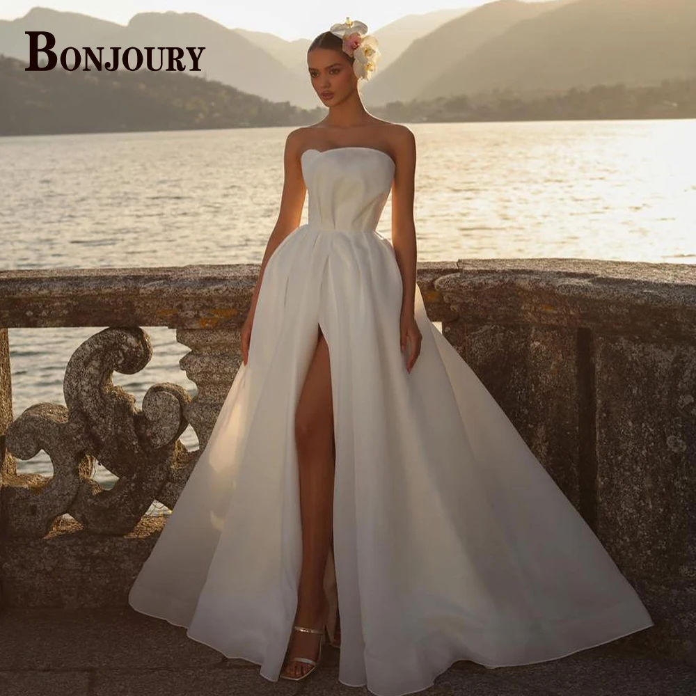 

BONJOURY Simple 2023 Wedding Dresses For Women A-line Strapless High Slit Vestido De Noiva Tulle Made To Order Bride Formal
