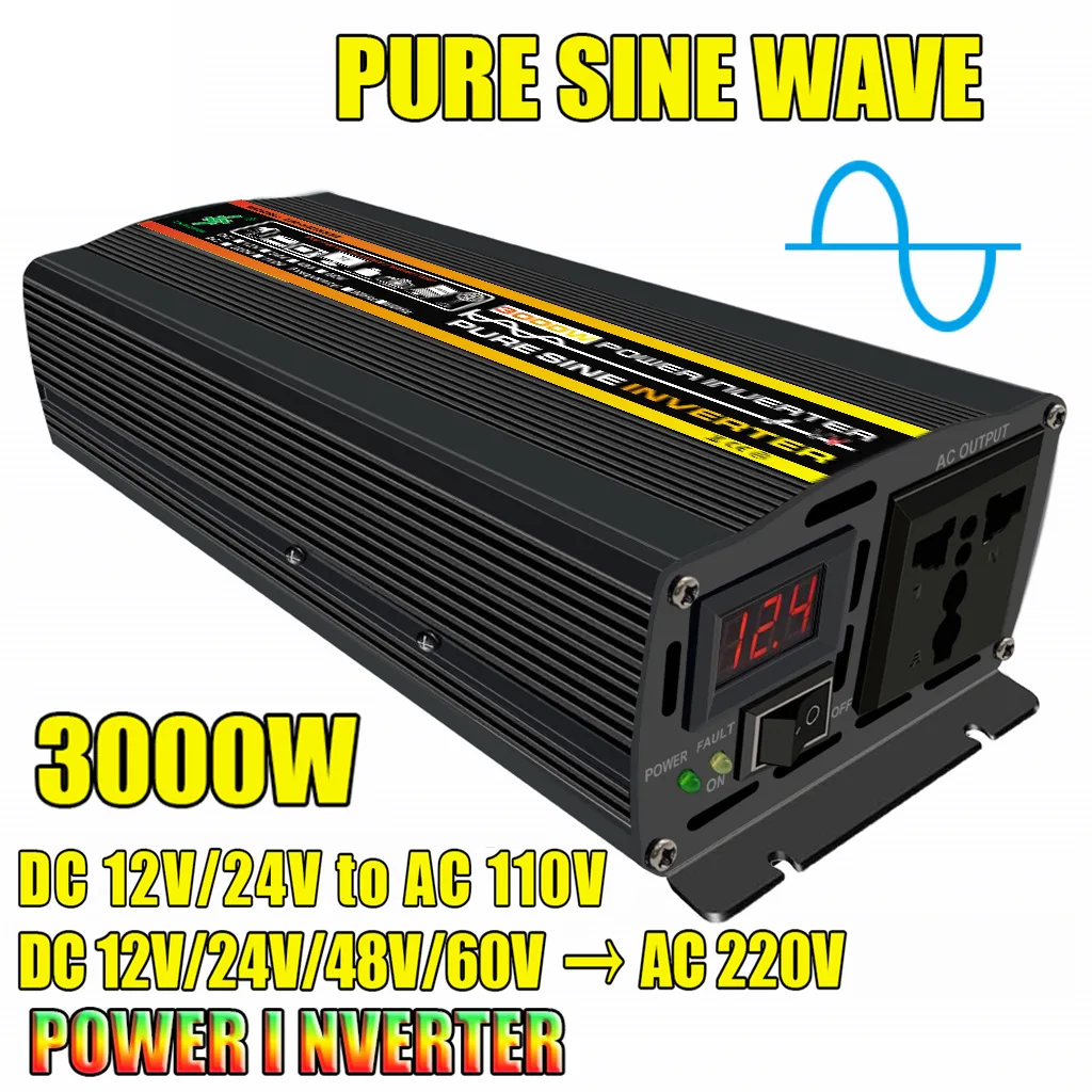 

Pure Sine Power Inverter 3000W DC 12V to AC 220V Car Converter Universal 50Hz 60Hz Solar LED Voltmeter Converter Transformer
